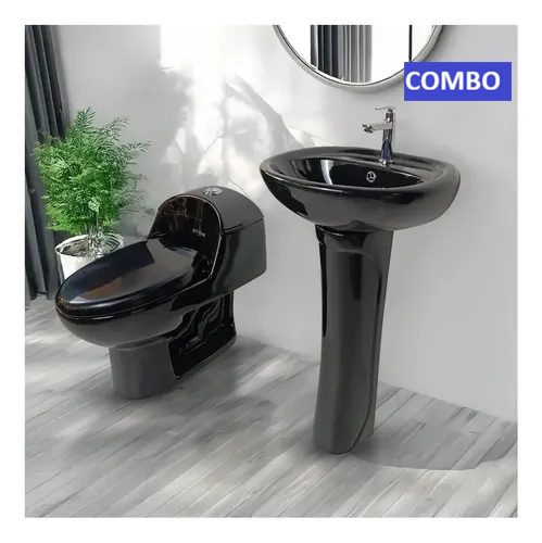 COMBO INODORO ONE PIECE + LAVATORIO + PEDESTAL NEGRO - FRENCIA